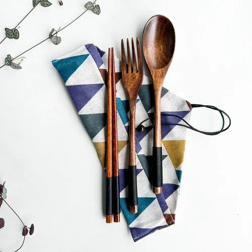 Reusable Handmade Natural Wood Cutlery Set - Plastic Free