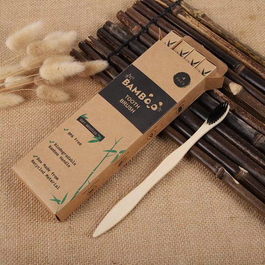 4PCS Charcoal Bamboo Toothbrushes - Extra Soft Natural Bristles for Adults & Kids Teeth | Zero Waste Biodegradable Tooth Brush