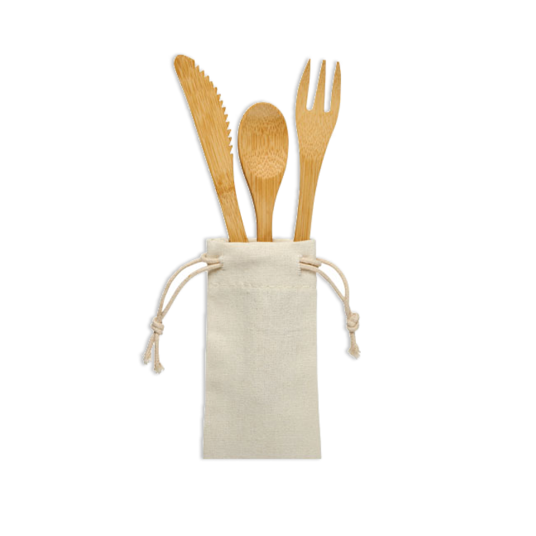 Set of wooden cutlery including a knife, spoon, and fork in a drawstring pouch on a white background.