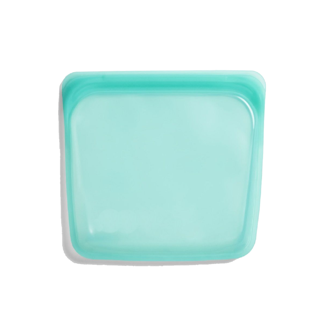 Square turquoise silicone plate lid on a white background