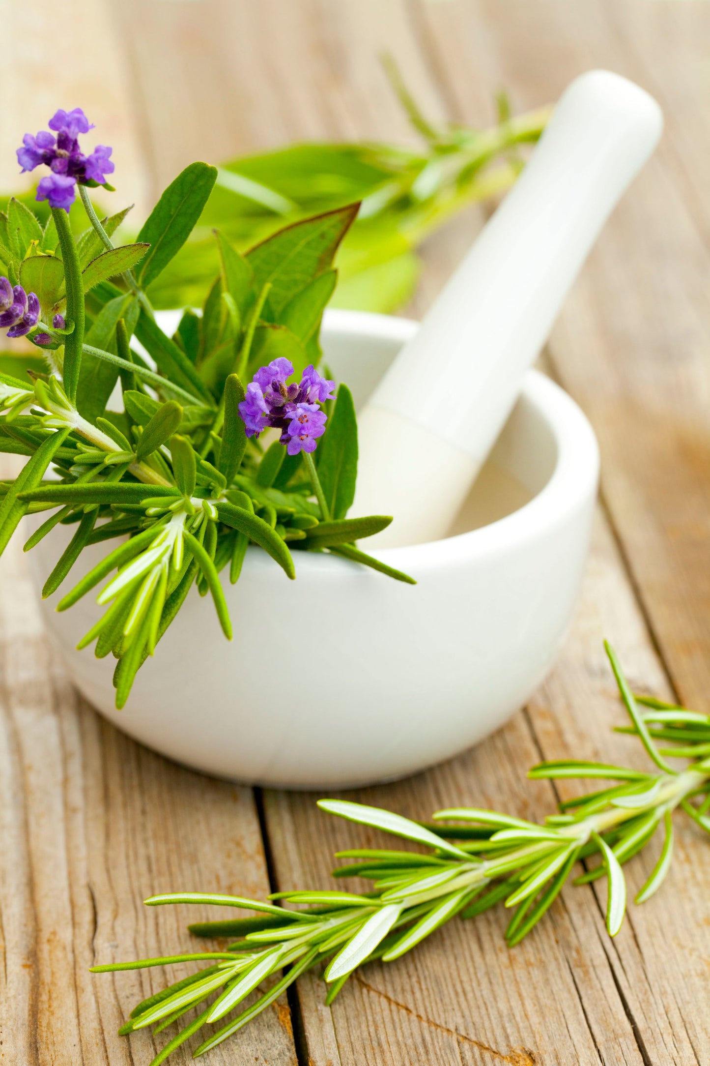 White mortar and pestle with green herbs and purple flowers on a wooden surface