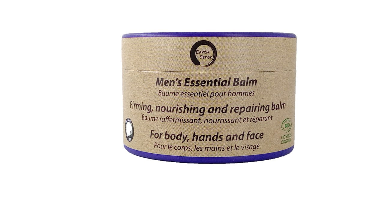 Men's Essential Balm container with purple lid on a white background
