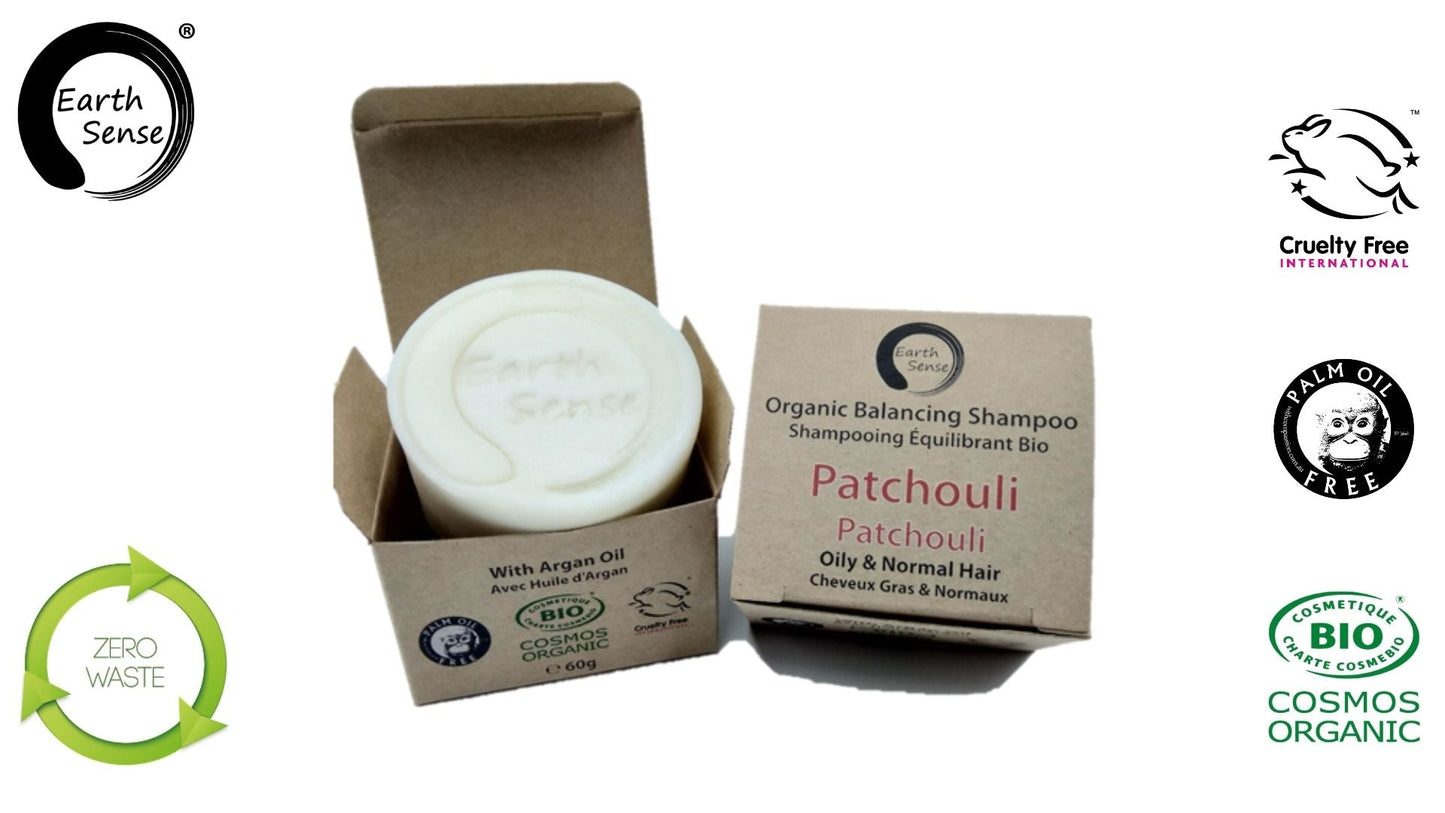 Earth Sense organic shampoo bar with packaging on a white background