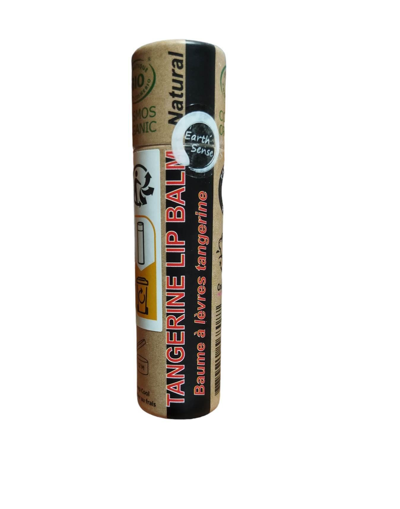Lip balm container with Earth's Sente branding on a white background