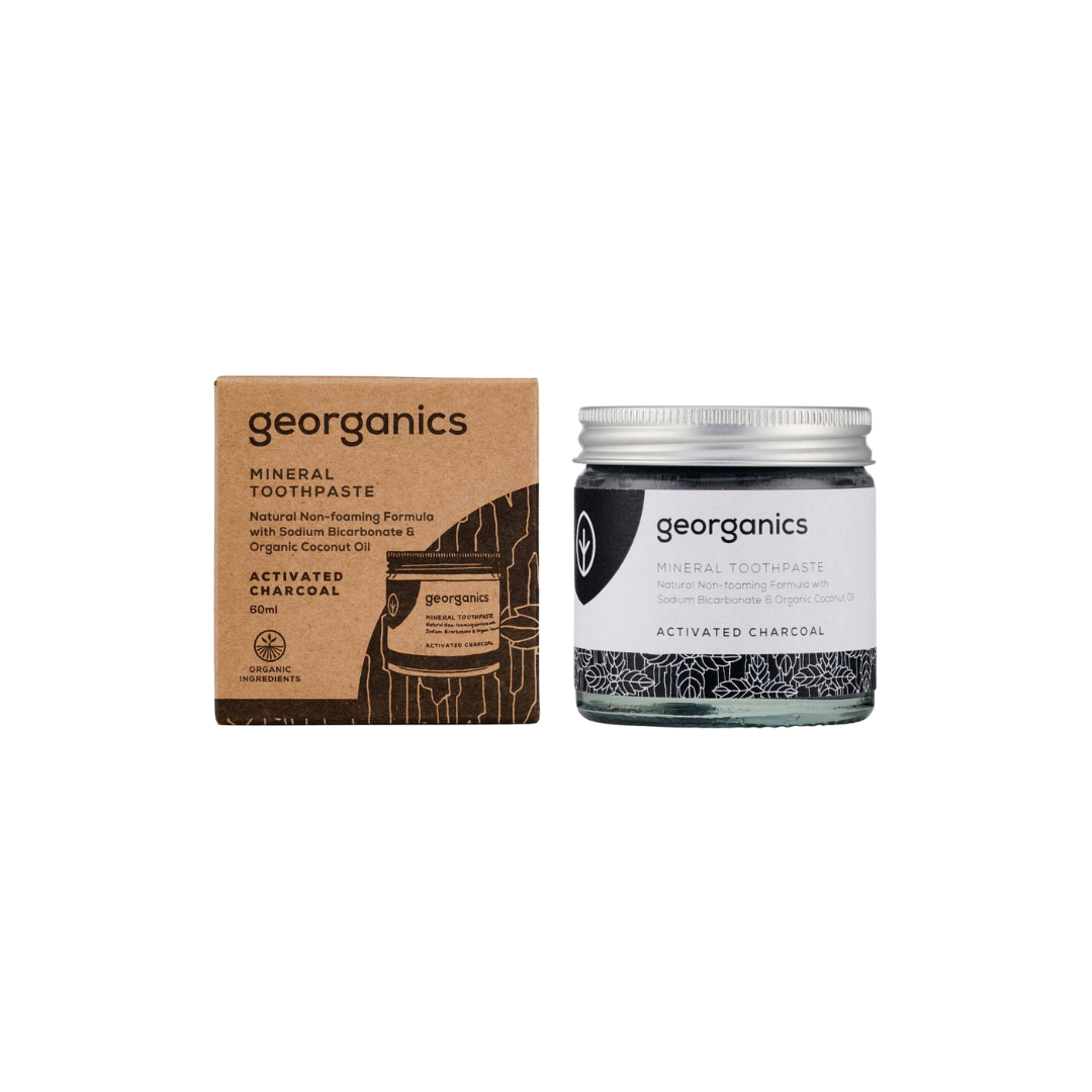 Georganics mineral toothpaste jar and packaging on a white background