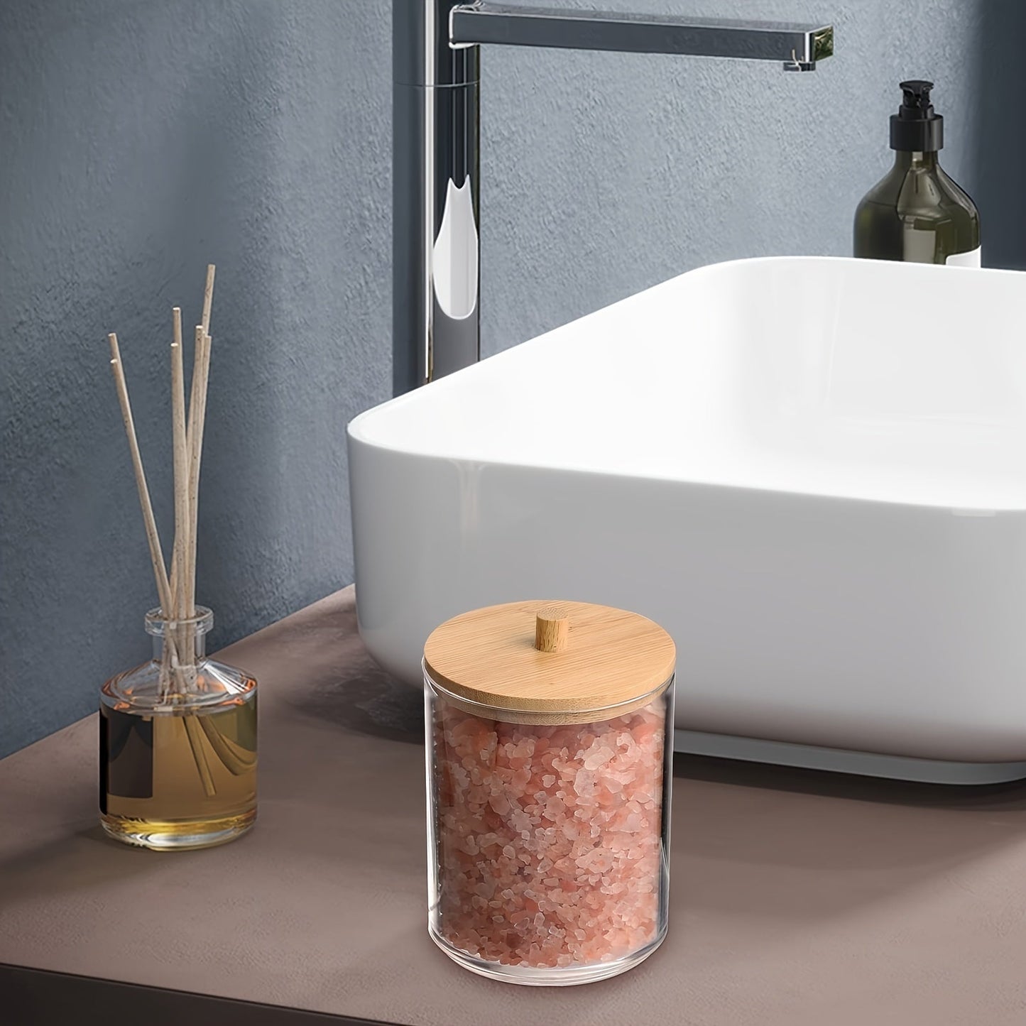 Clear Bathroom Canister Set with Bamboo Lids  3Piece Storage