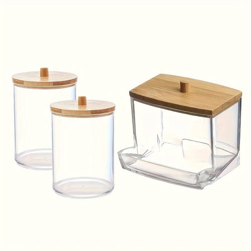 Clear Bathroom Canister Set with Bamboo Lids  3Piece Storage