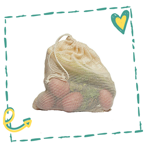 Mesh produce bag with colorful contents on a white background