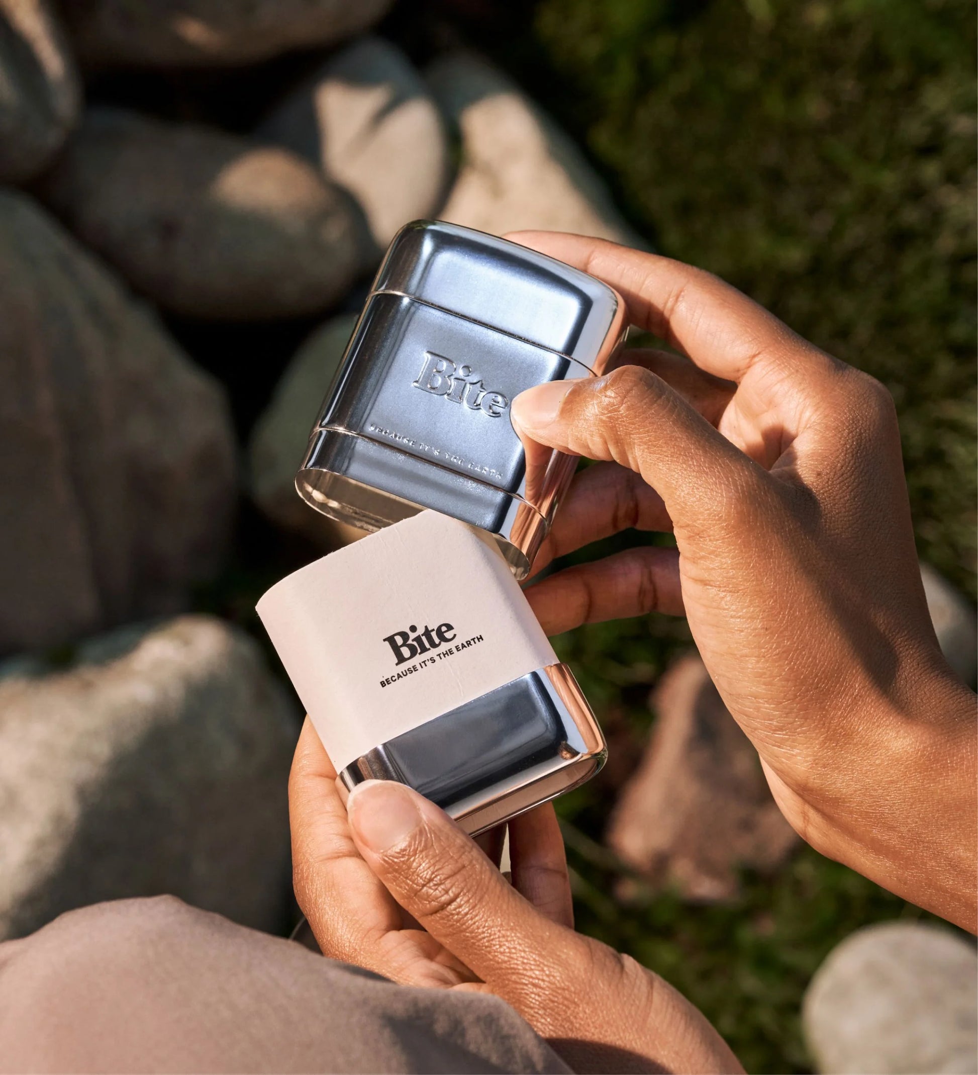 Bite deodorant metal case open with refill inserted