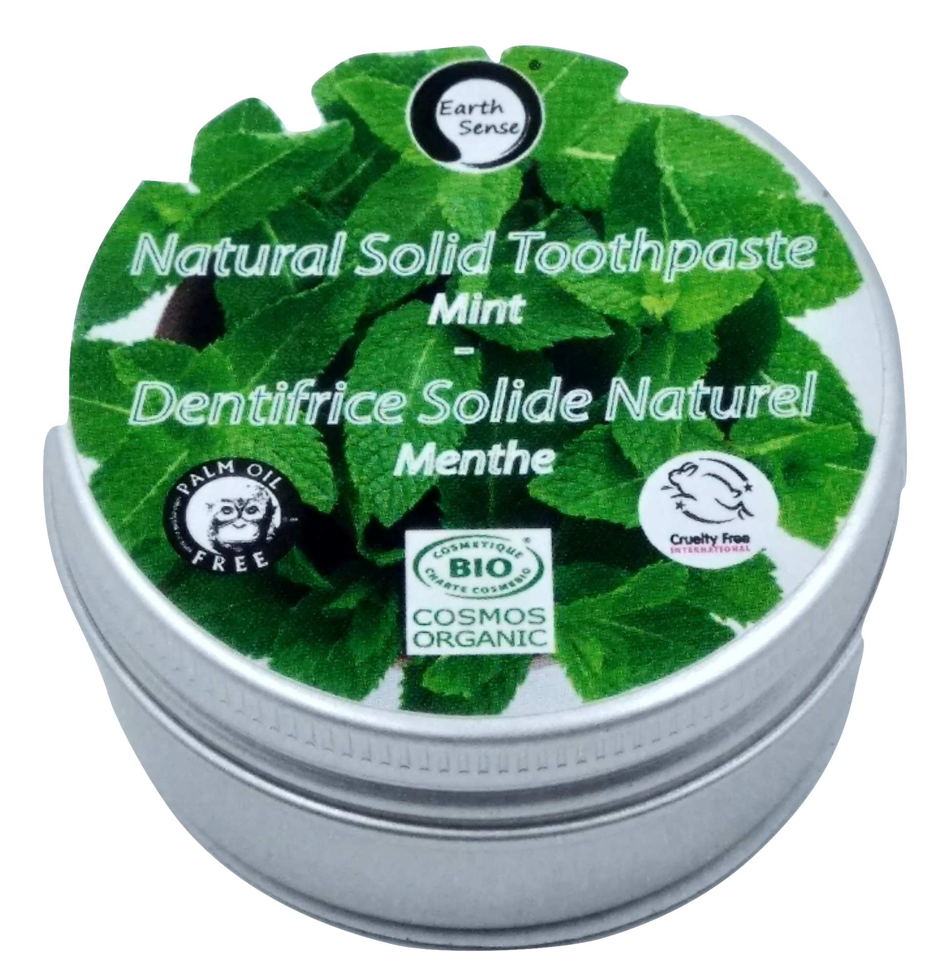 Natural solid toothpaste container with green leaf design and branding on a white background