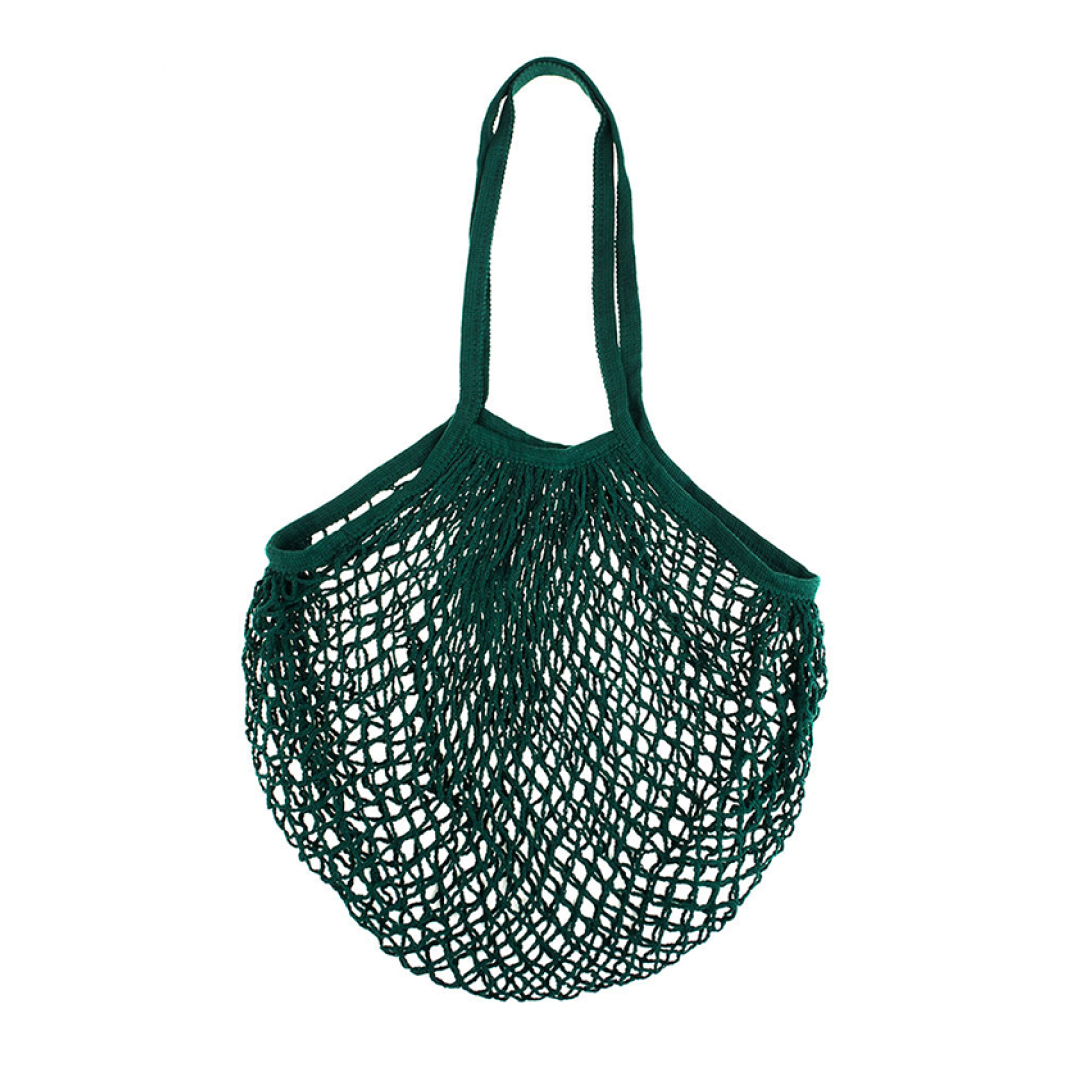 Green mesh tote bag on a white background