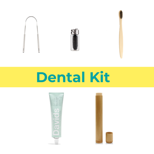 Collection of dental care products including a toothbrush, floss, and toothpaste with 'Dental Kit' text on a white background.