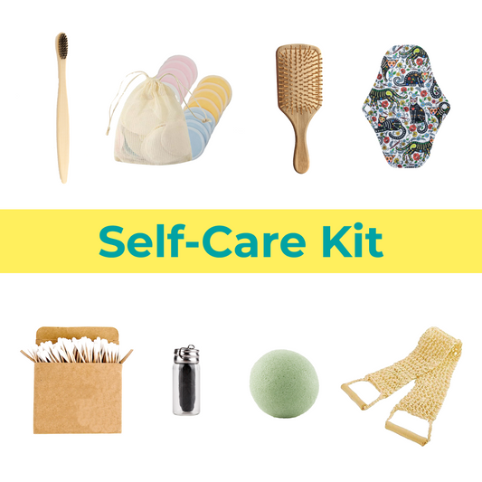 Zero-waste self-care kit with bamboo toothbrush and reusable pads