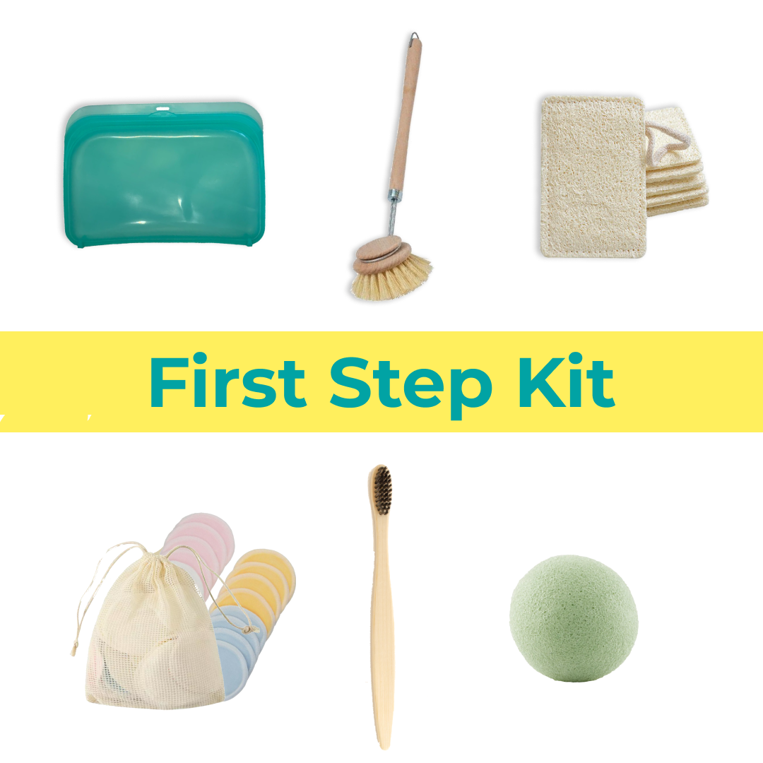 Collection of cleaning tools and items with 'First Step Kit' text on a white background