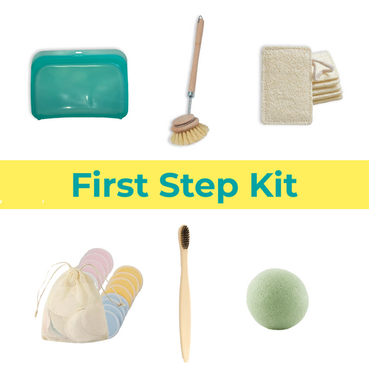 Collection of cleaning tools and items with 'First Step Kit' text on a white background