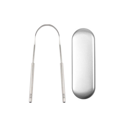 Silver metal chopsticks with a case on a white background