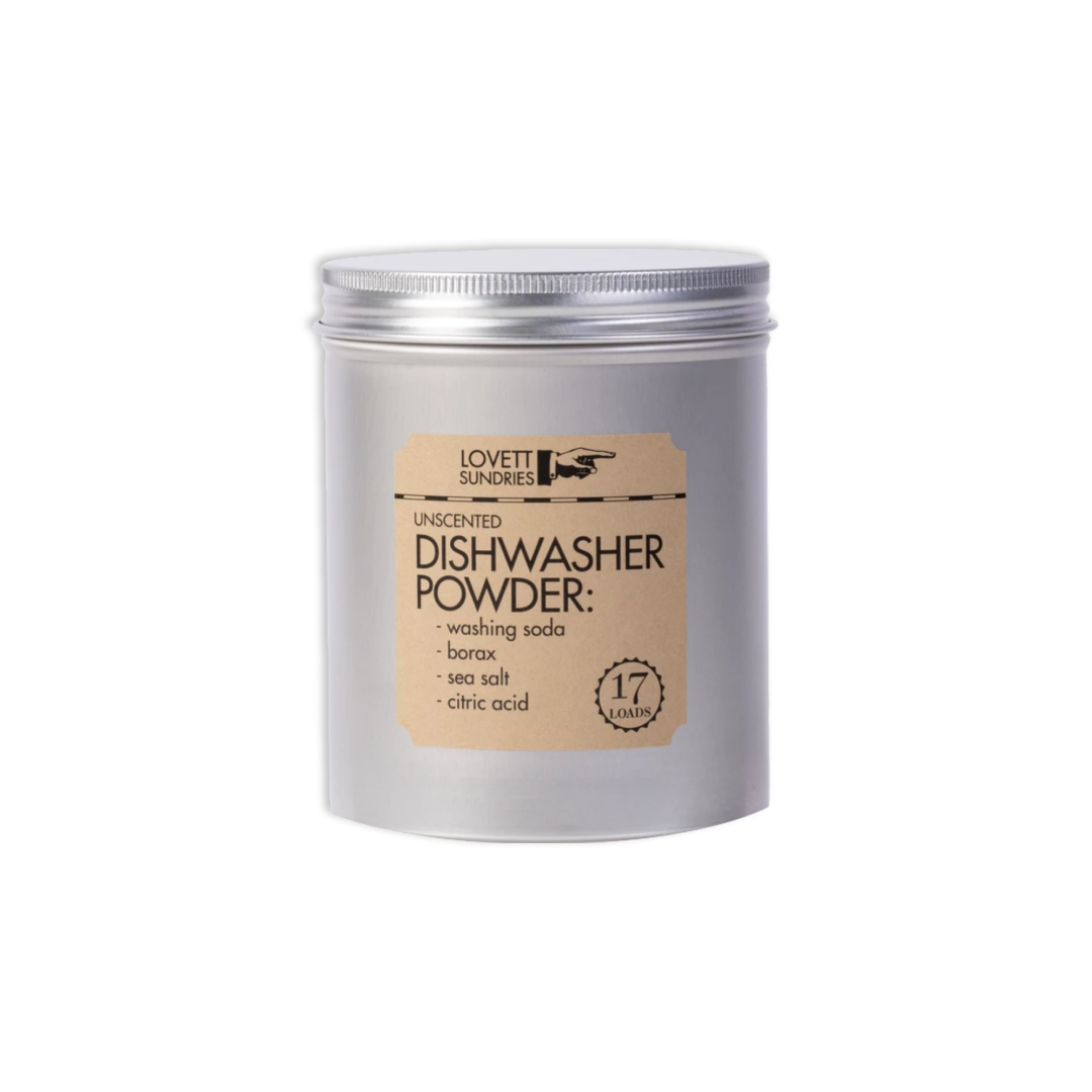 Metal container of Lovett Sunnyside dishwasher powder on a white background