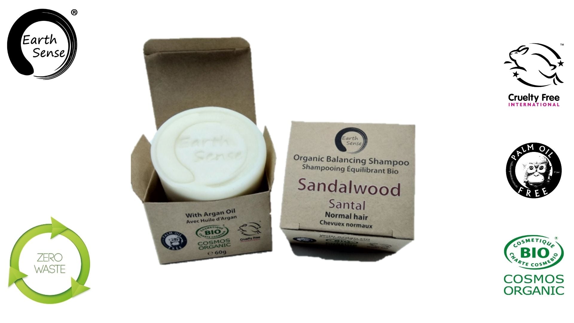 Bar of soap with packaging and Earth Sense branding on a white background
