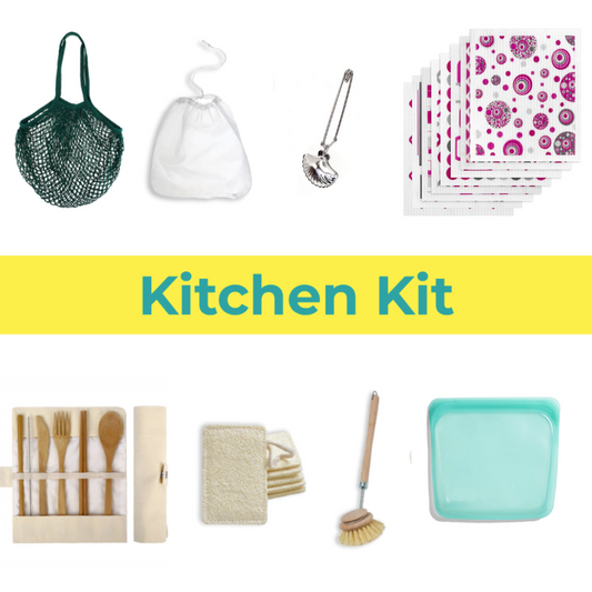 Collection of kitchen items including a green bag, clear mesh bag, metal spoon, patterned paper towels, wooden utensils, scrubber, and silicone lid on a white background with 'Kitchen Kit' text.