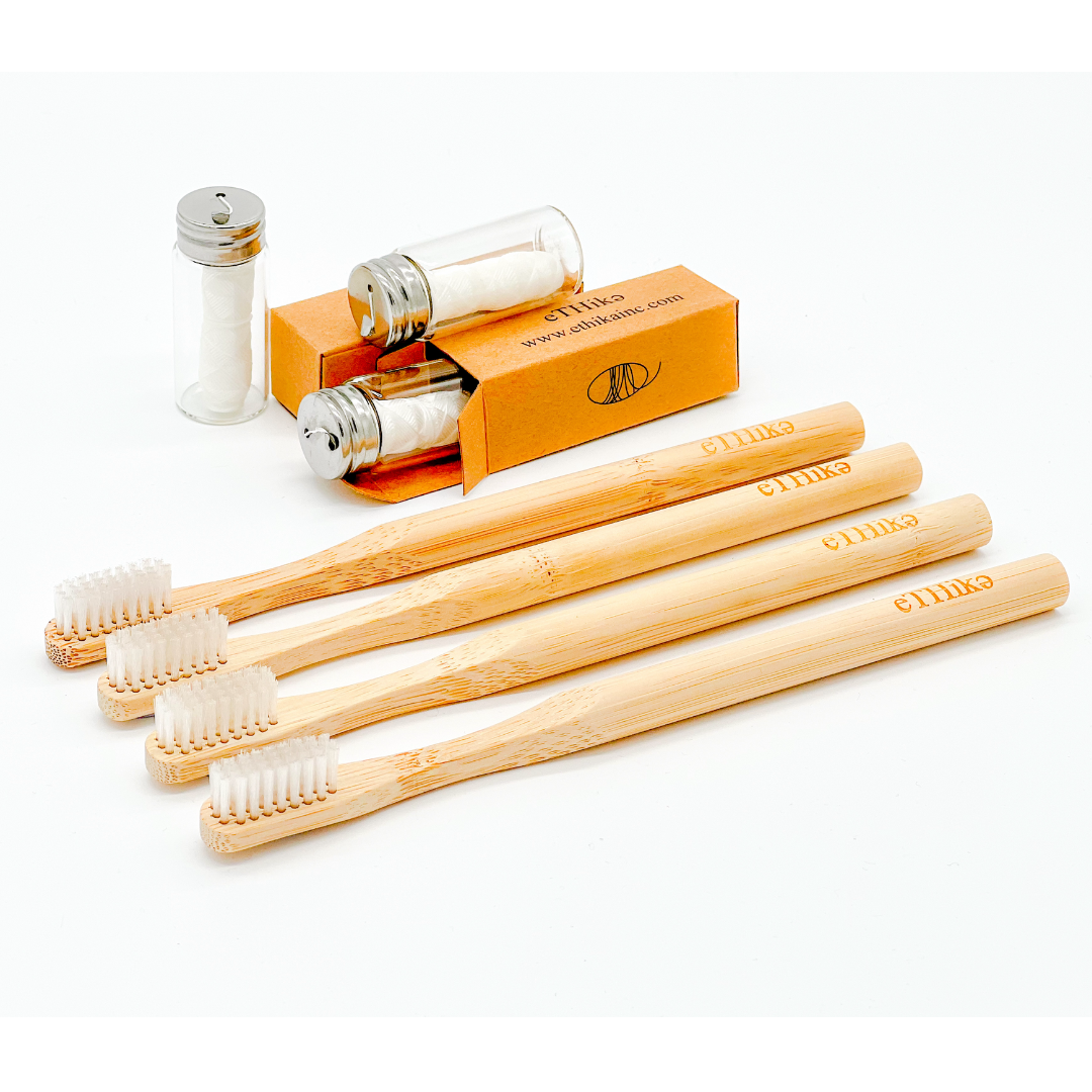 Bamboo toothbrushes with mint floss glass jars sustainable set