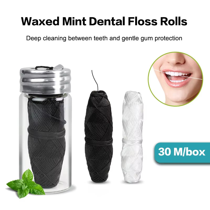 30M Vegan Biodegradable Bamboo Charcoal Dental Floss with Refillable Glass Holder Mint Flavored Tiny Floss